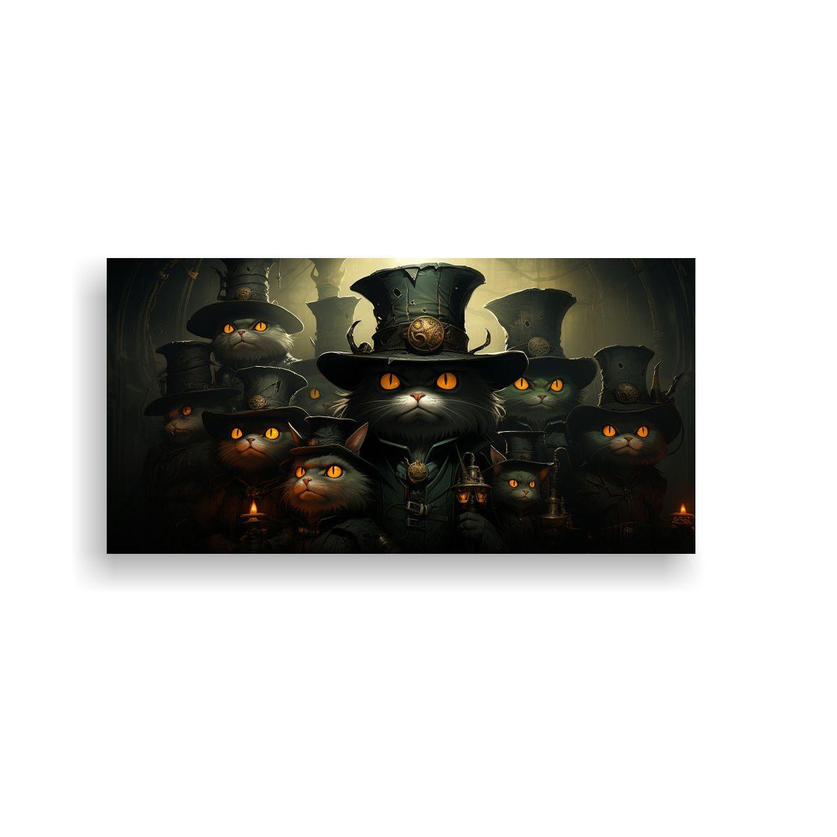 Cuadro Gatos Negros Ojos Naranja Y Sombrero, 120x60cm-0
