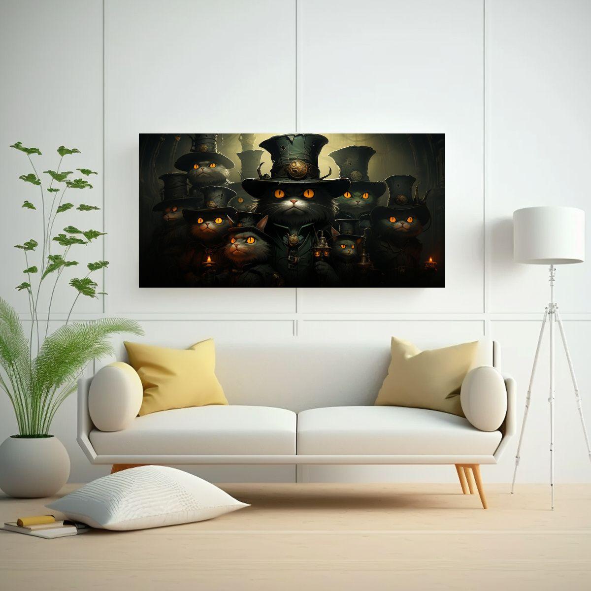 Cuadro Gatos Negros Ojos Naranja Y Sombrero, 120x60cm-2