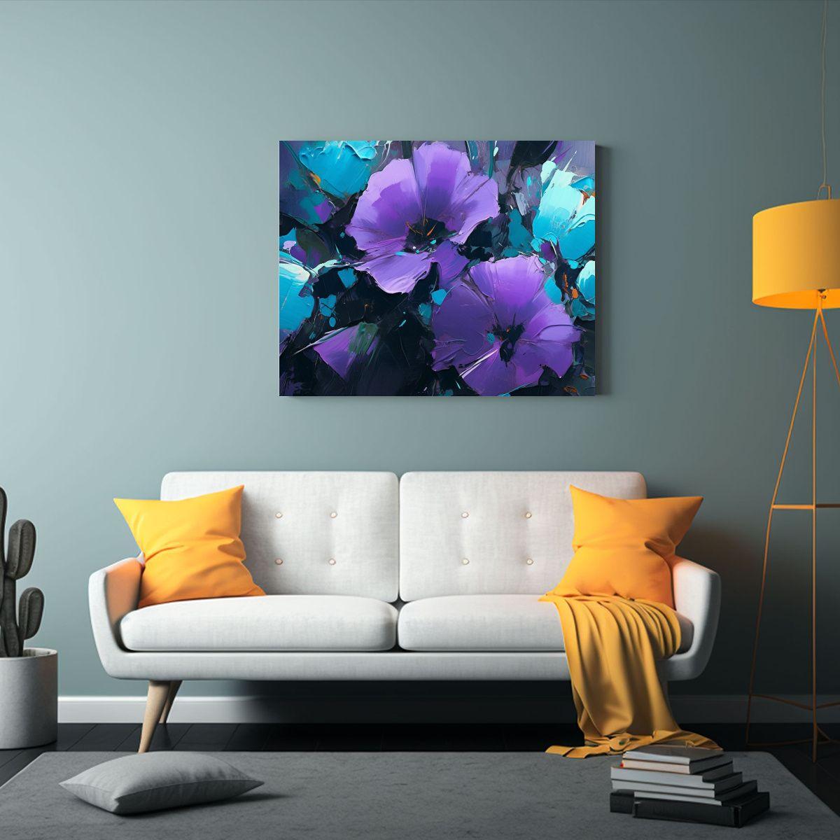 Pintura En Lienzo De Flores Púrpuras Y Turquesas En Arte Mo 30x20cm-2