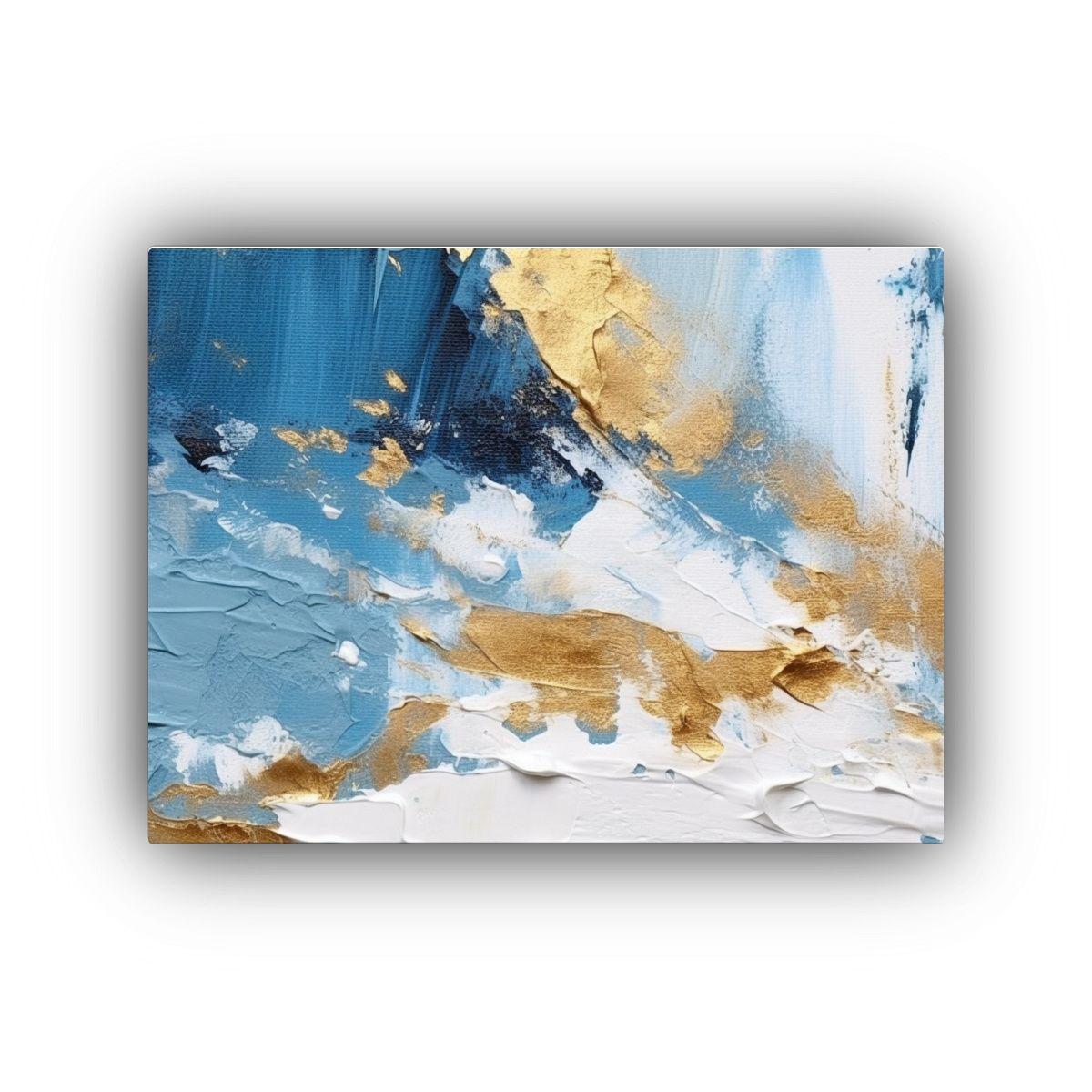 Pintura Abstracta En Azul, Blanco Y Oro Para Decoración. 65x50cm-0