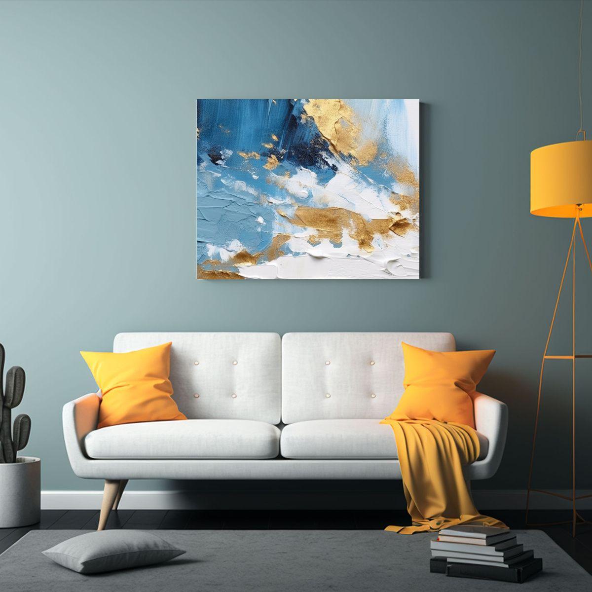 Pintura Abstracta En Azul, Blanco Y Oro Para Decoración. 65x50cm-2