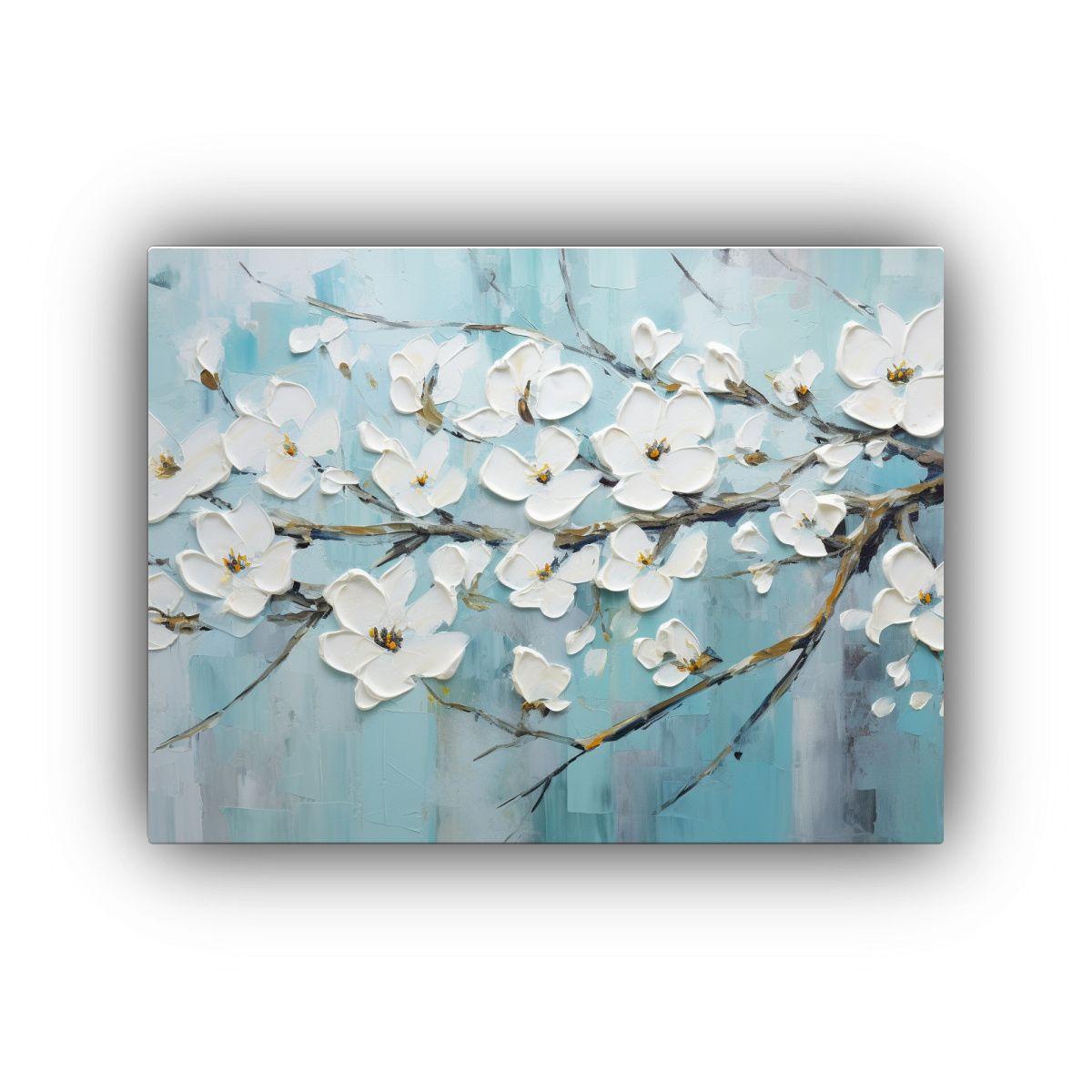Cuadro De Flores Blanco Y Turquesa En Lienzo 120x80cm-0