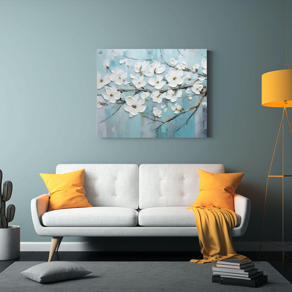 Cuadro De Flores Blanco Y Turquesa En Lienzo 120x80cm-2