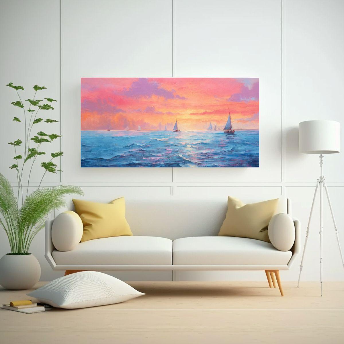 Cuadro Minimalista De Oceanos Con Veleros: 120x60cm-2