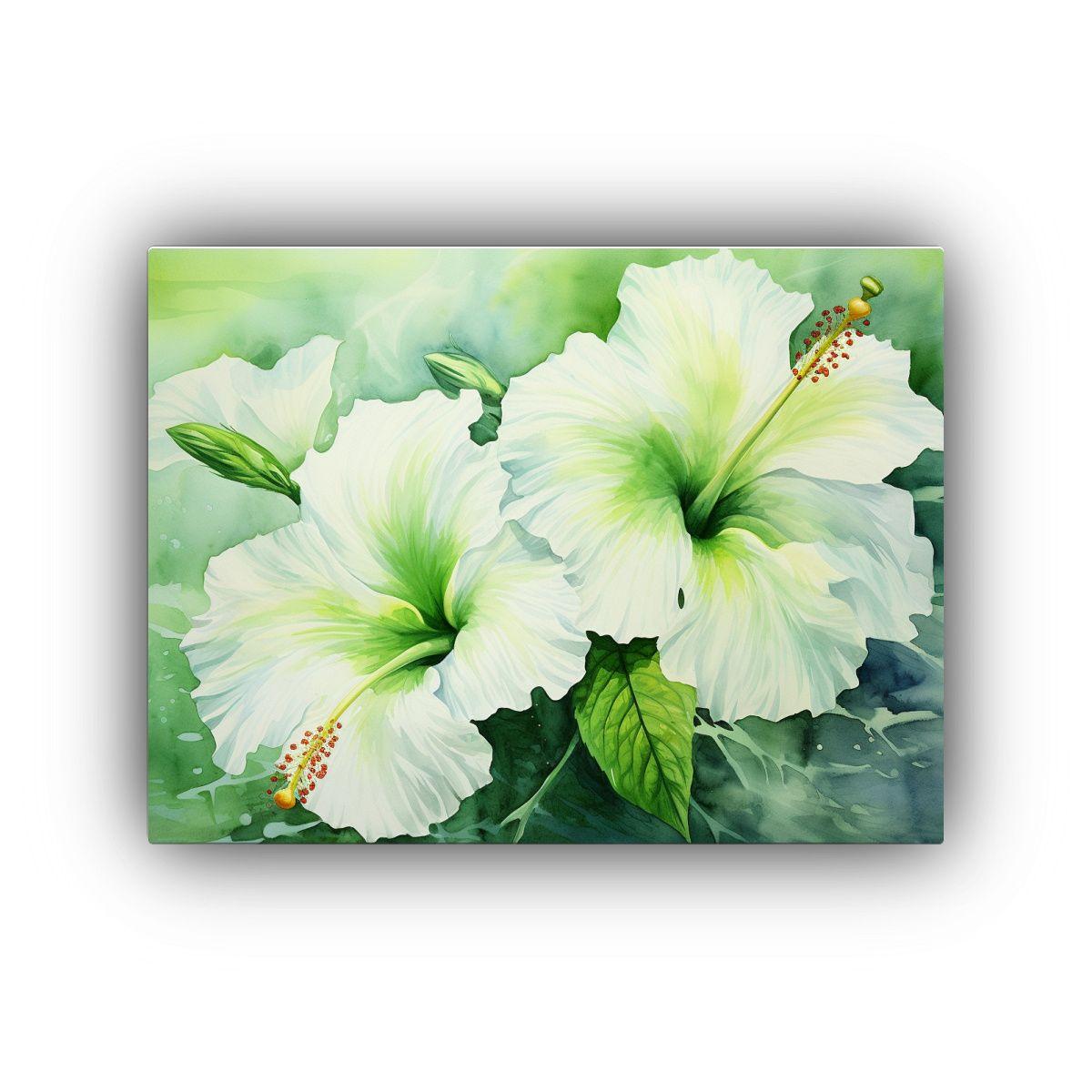 Cuadro Movimiento Lineales Hibiscos Verdes Y Blancos Pintura 120x80cm-0