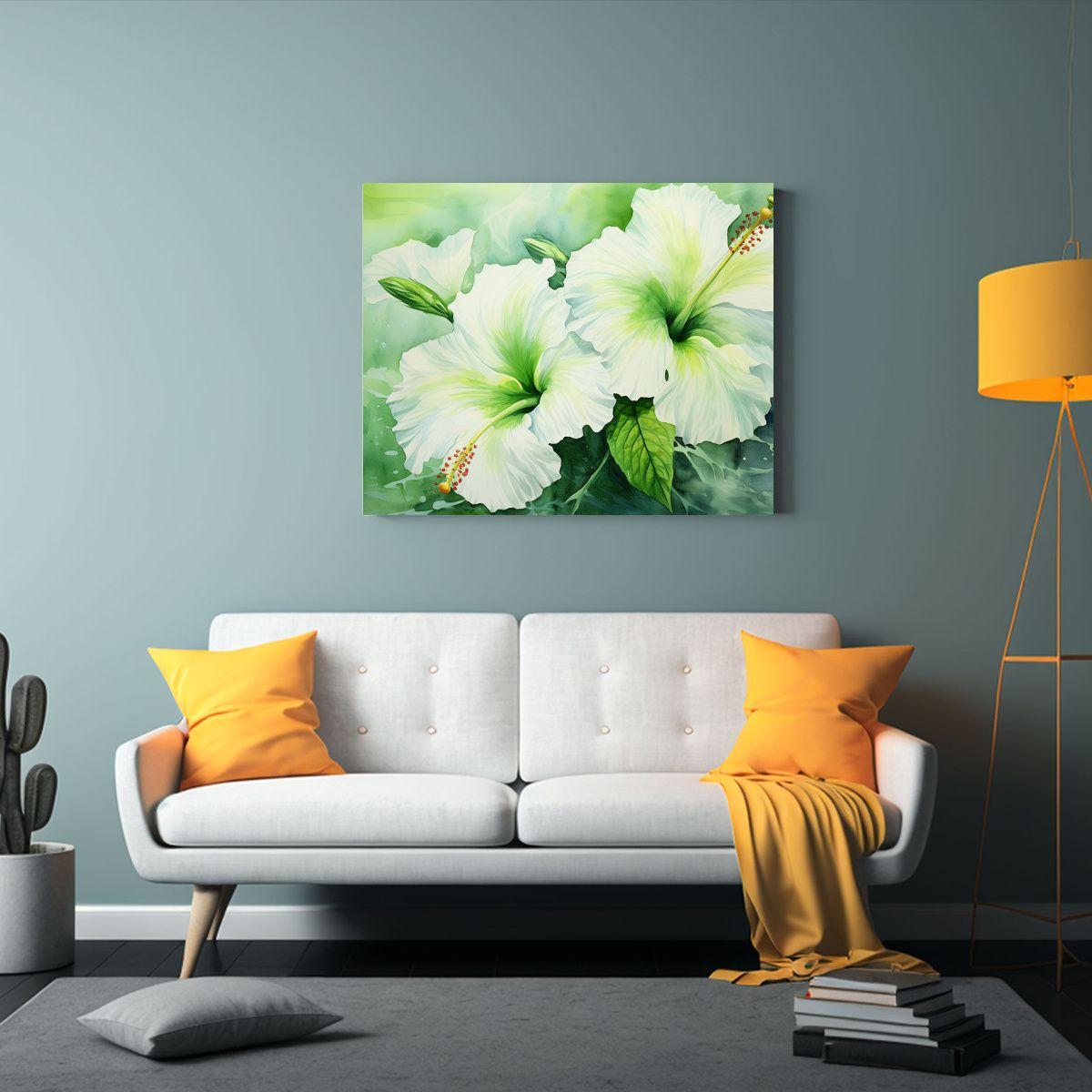 Cuadro Movimiento Lineales Hibiscos Verdes Y Blancos Pintura 120x80cm-2