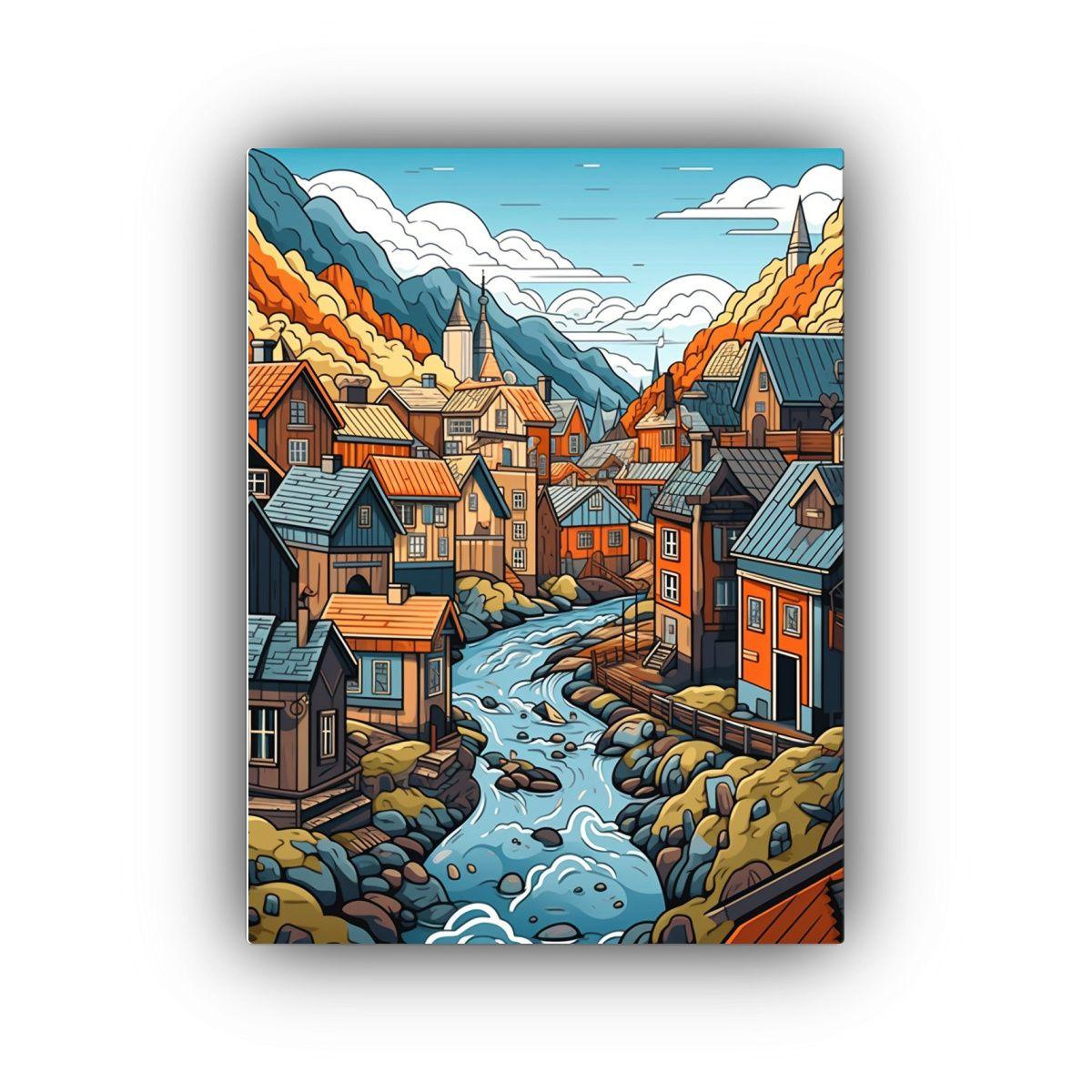 Cuadro Encantador Al Estilo De Un Pueblo De Noruega En Estil 40x50cm-0
