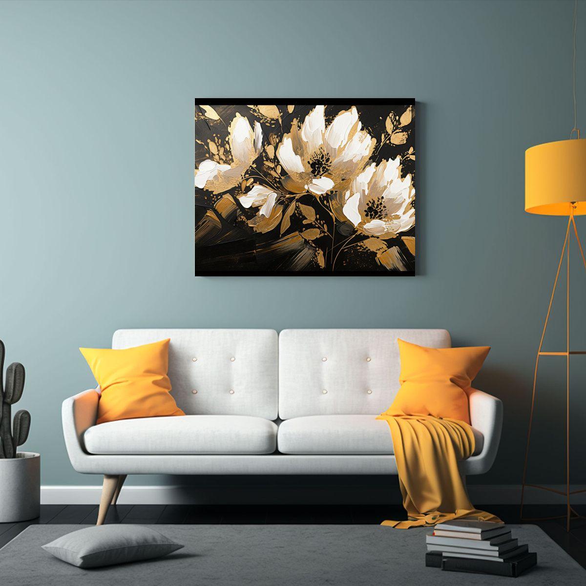 Pintura Cuadro Movimiento Creatividad Flores En Oro Y Negro 65x50cm-2