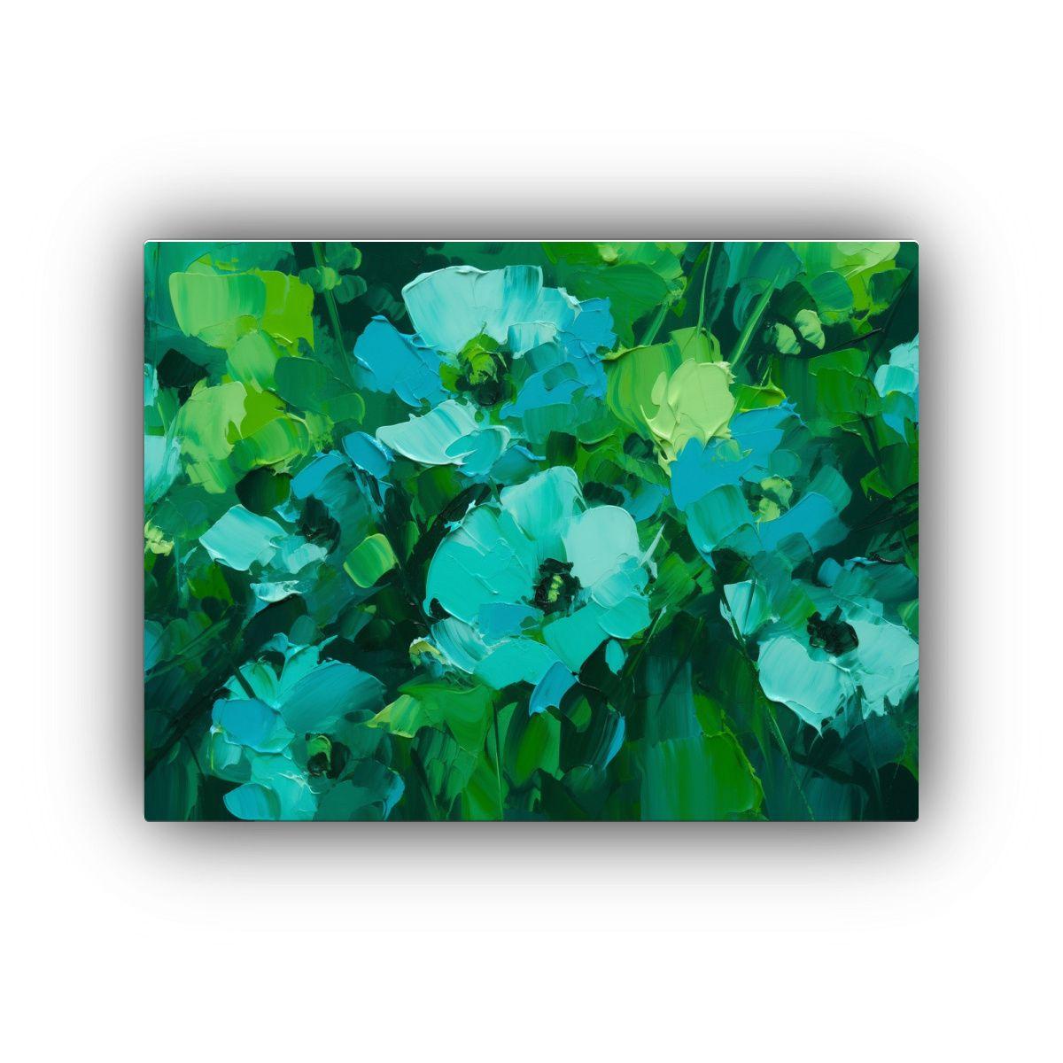 Pintura Floral Verde Y Turquesa En Lienzo: Cuadro Temático  30x20cm-0