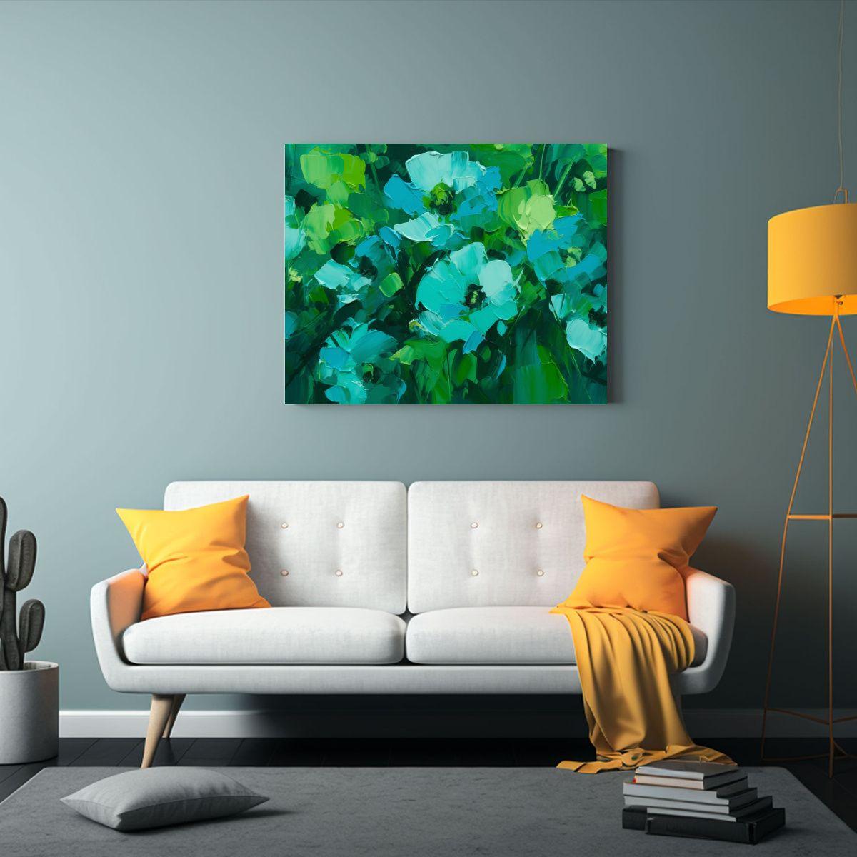 Pintura Floral Verde Y Turquesa En Lienzo: Cuadro Temático  30x20cm-2