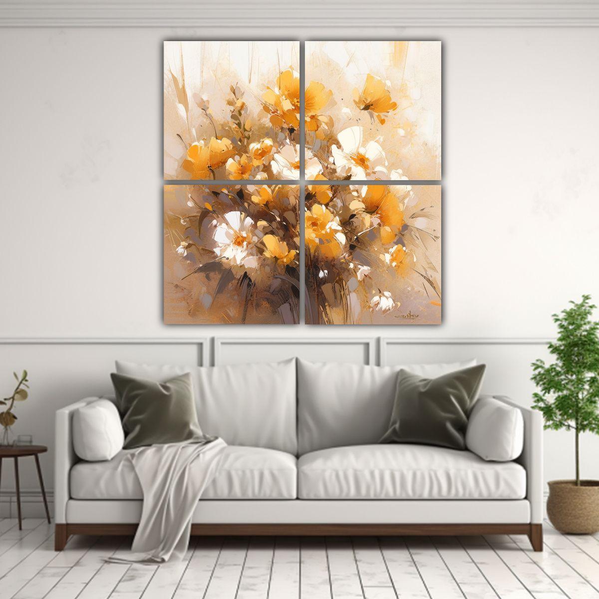 Pintura Floral Amarilla Y Dorada En Lienzo, Arte 60x60 Cm-2
