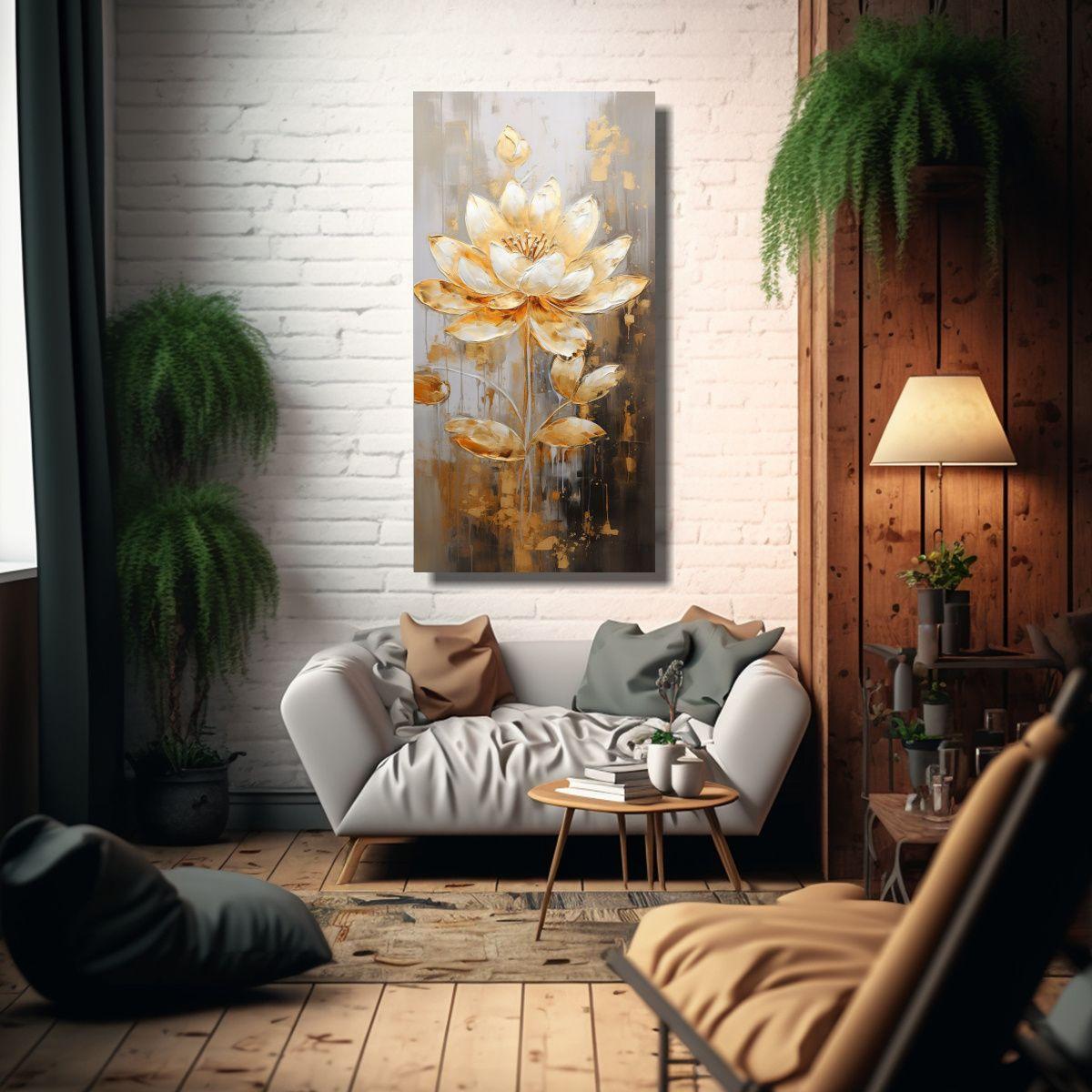 Cuadro Movimiento Calma: Pintura De Loto Dorado 70x140cm-2