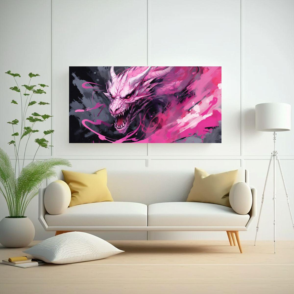 Cuadro Moderno En Bastidor: Dragón En Rosas, 80x40cm-2