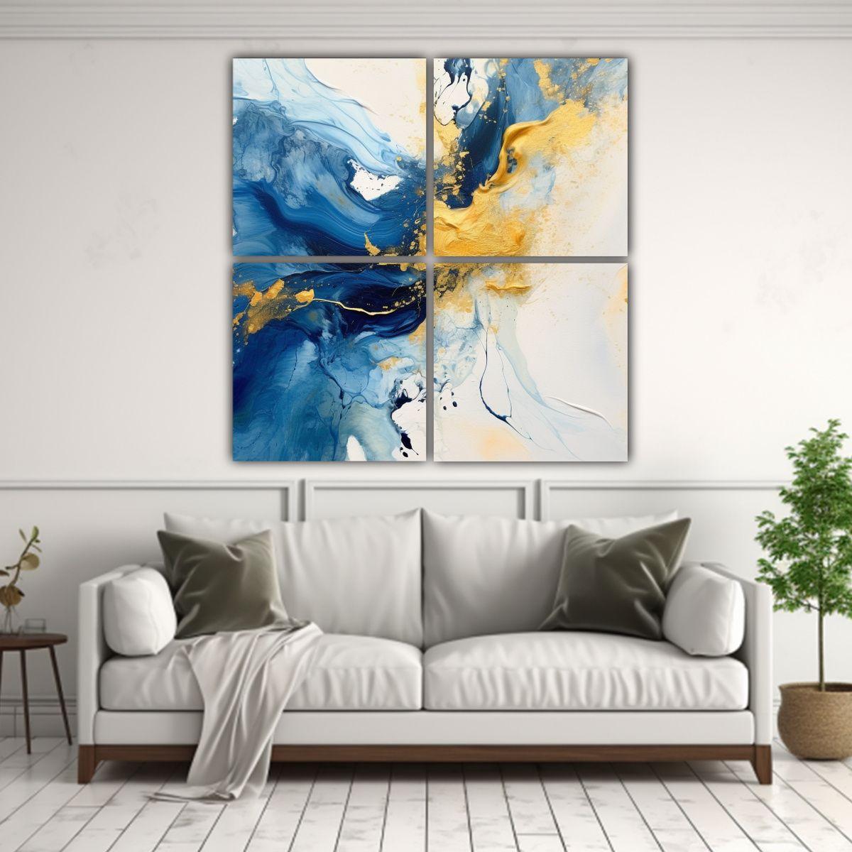 Pintura Abstracta Azul Y Dorada Con Fondo Blanco 60x60 Cm-2