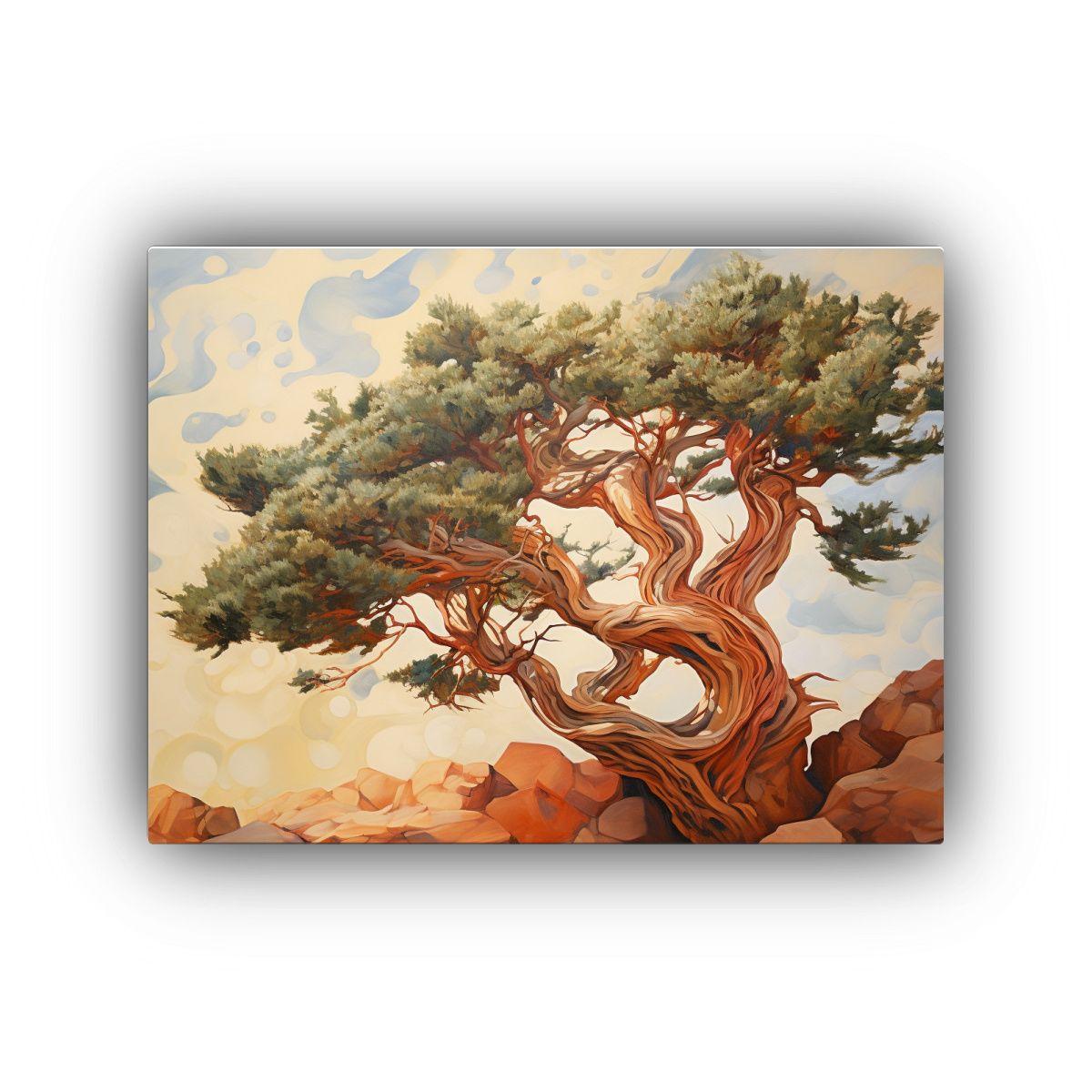 Pintura Abstracta De Un árbol De Enebro En Lienzo De Tela E 90x60cm-0