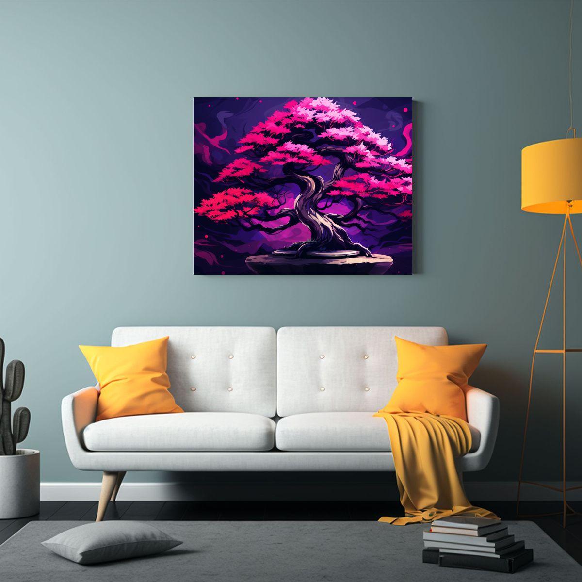 Cuadro Bonsái En Tonos Morados Y Rosas Estilo 90x60cm-2