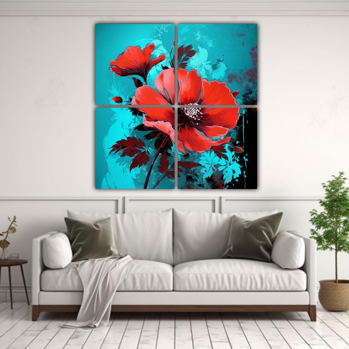 Cuatro Lienzos Abstractos Rojo Y Turquesa 60x60 Cm-2