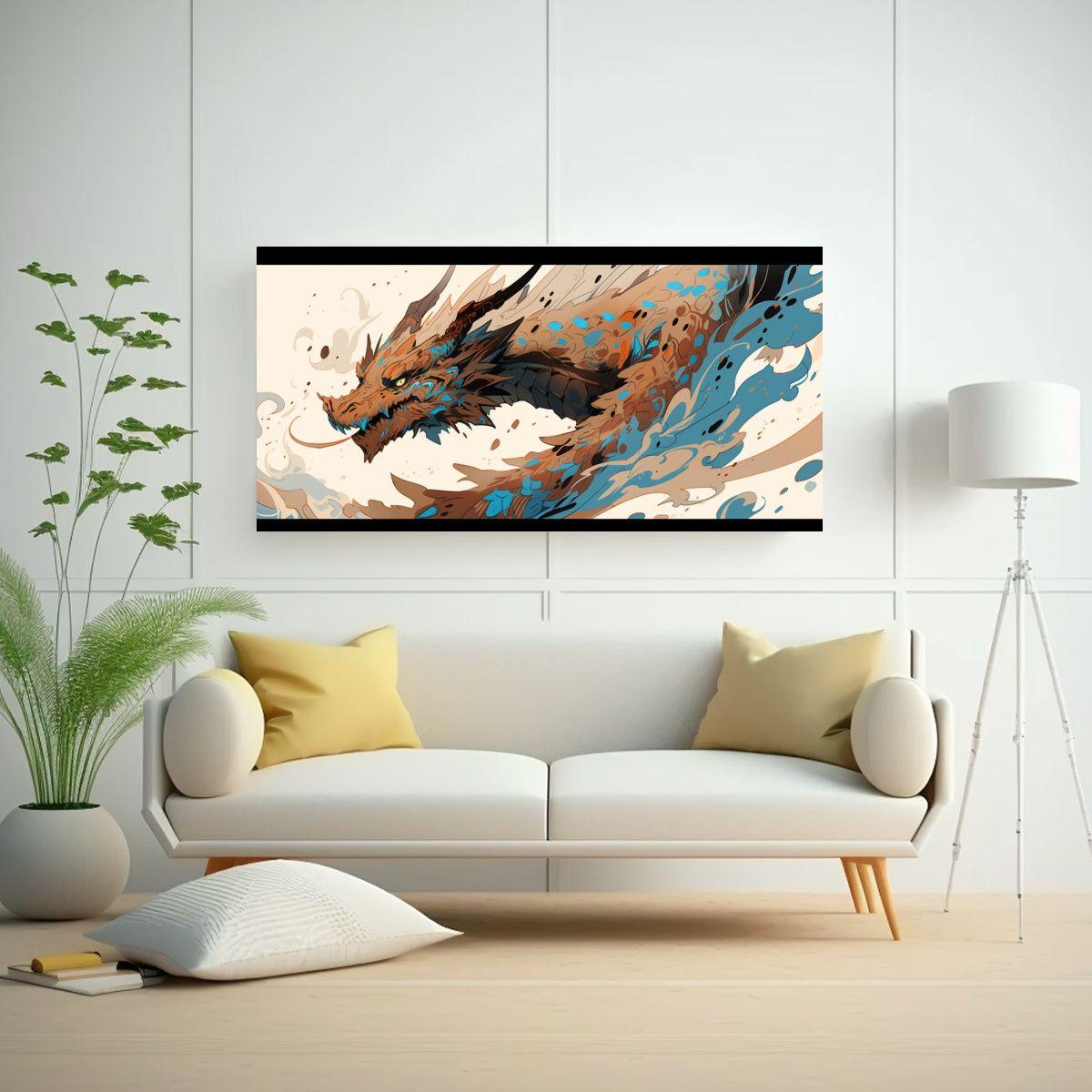 Cuadro Decorativo Dragón En Tonos Marrón Y Azul 80x40cm-2