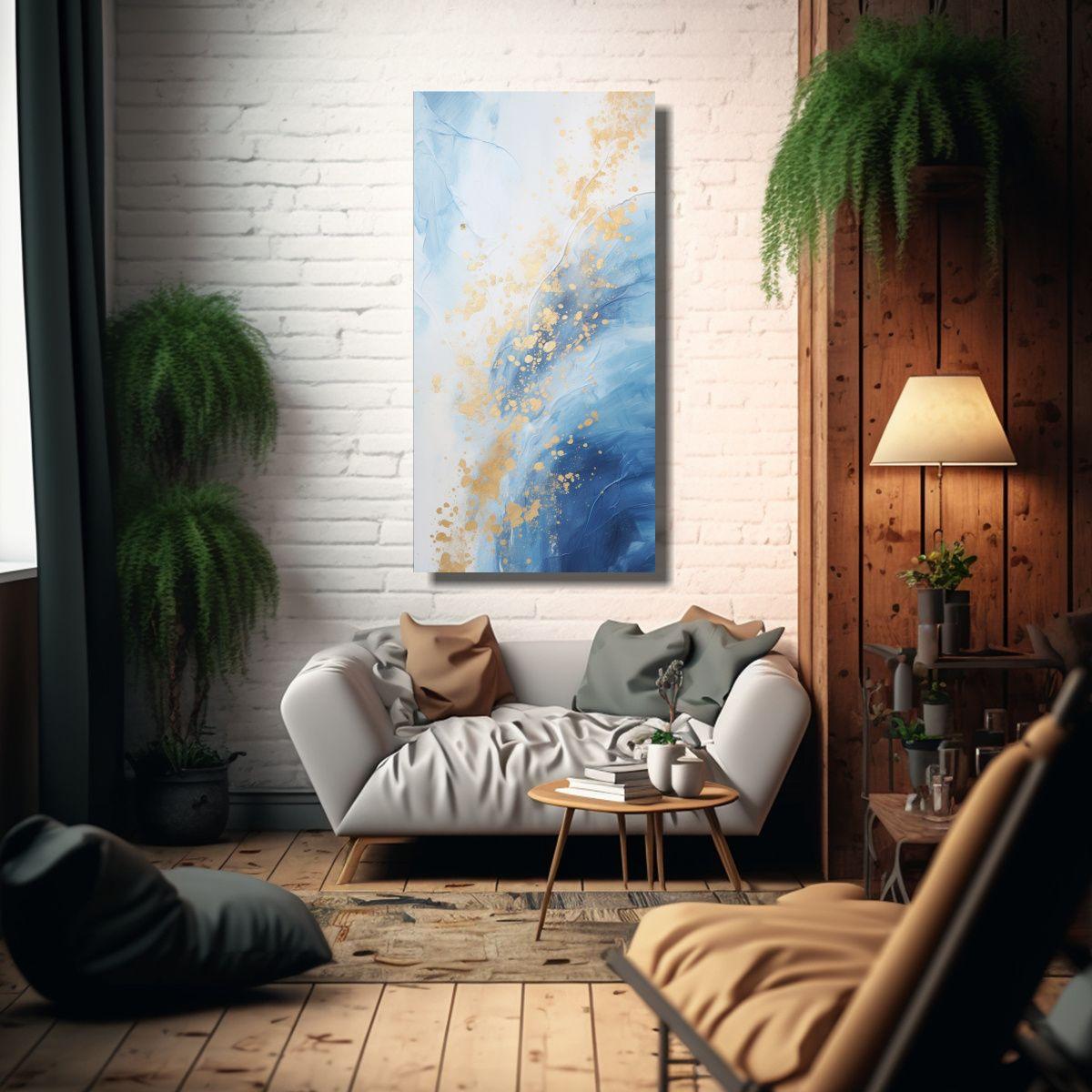 Pintura Abstracta Estilo Azul Blanco Decoración 70x140cm-2