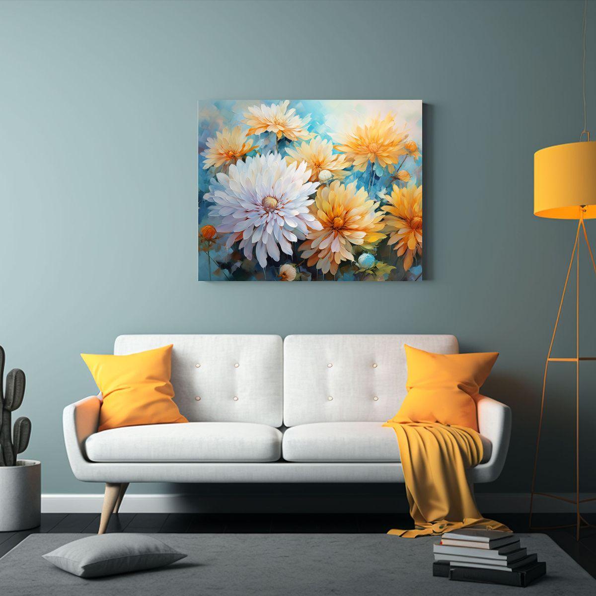 Cuadro Moderno Flores Crisantemos Turquesa Y Dorado Abstract 65x50cm-2
