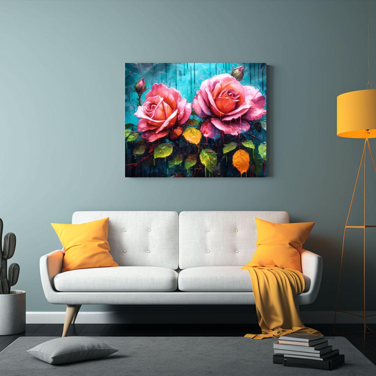 Cuadro Vintage De Flores De Rosa En Colorido Graffiti Con Pi 60x40cm-2