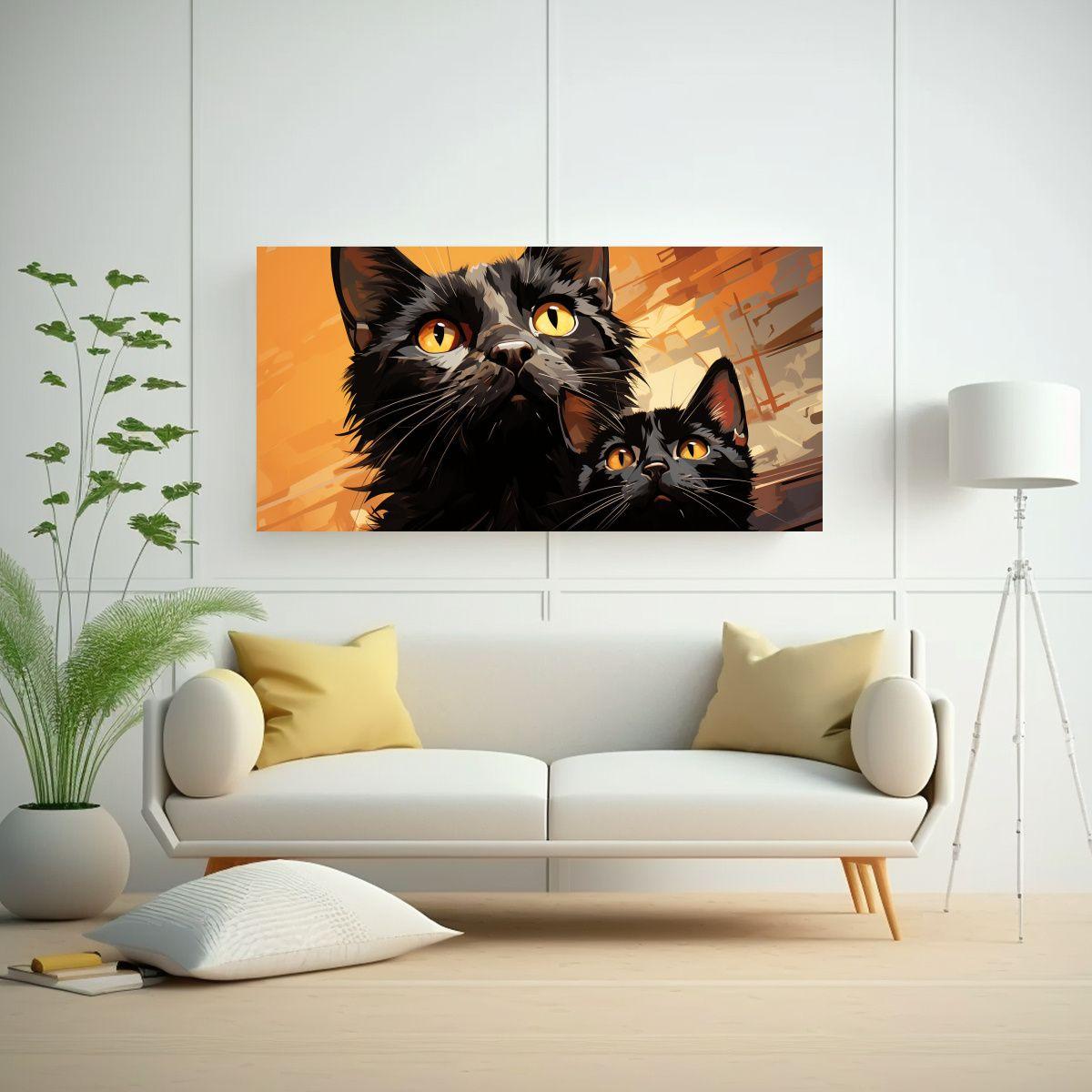 Cuadro Decorativo Gatos Negros En Lienzo, Mirando 100x50cm-2