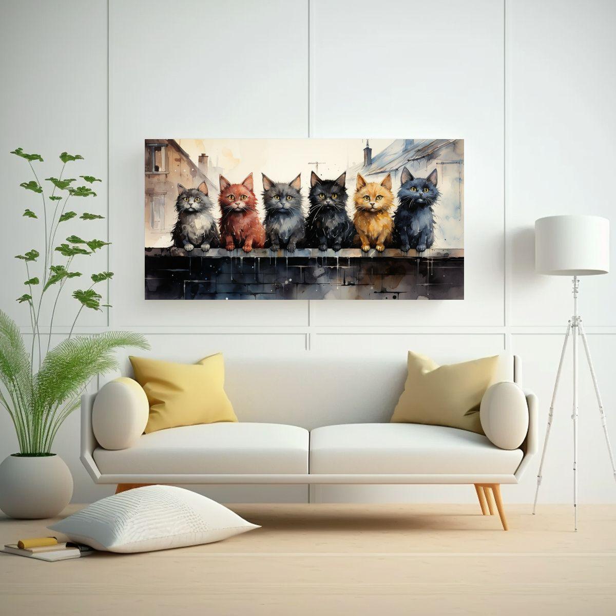 Cuadro De Gatos Sentados En Un Tejado Mirando 60x30cm-2