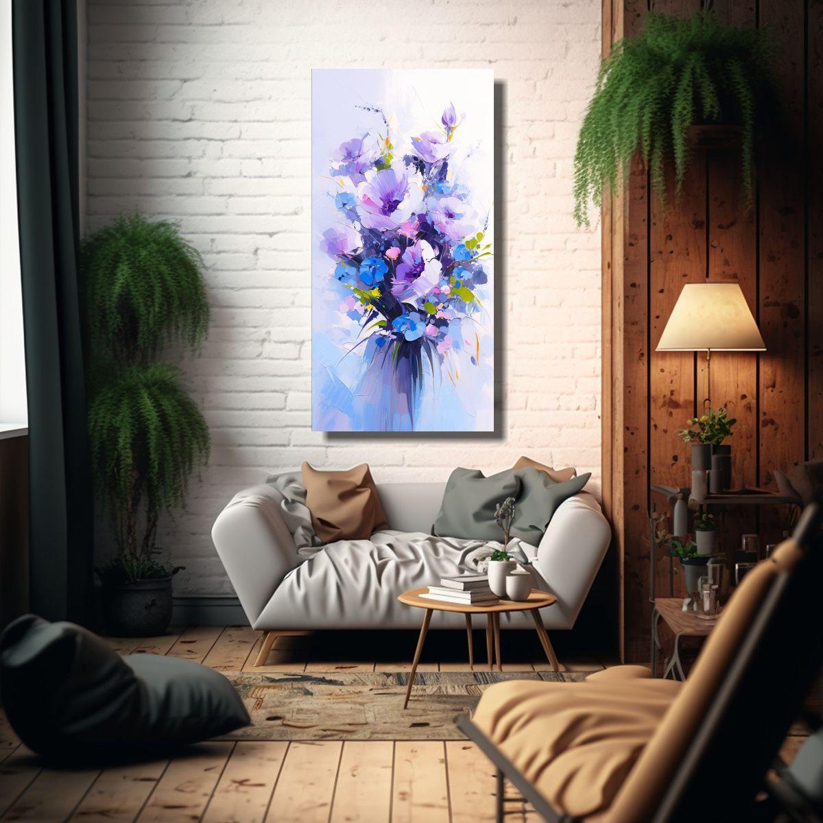Pintura Original De Flores Púrpuras Y Azules En 60x120cm-2