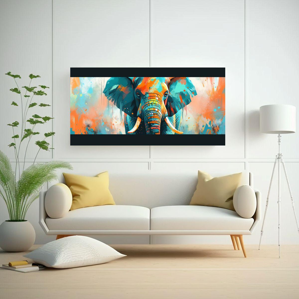 Lienzo Moderno Elefante En Colores Turquesa Y Nara 40x20cm-2