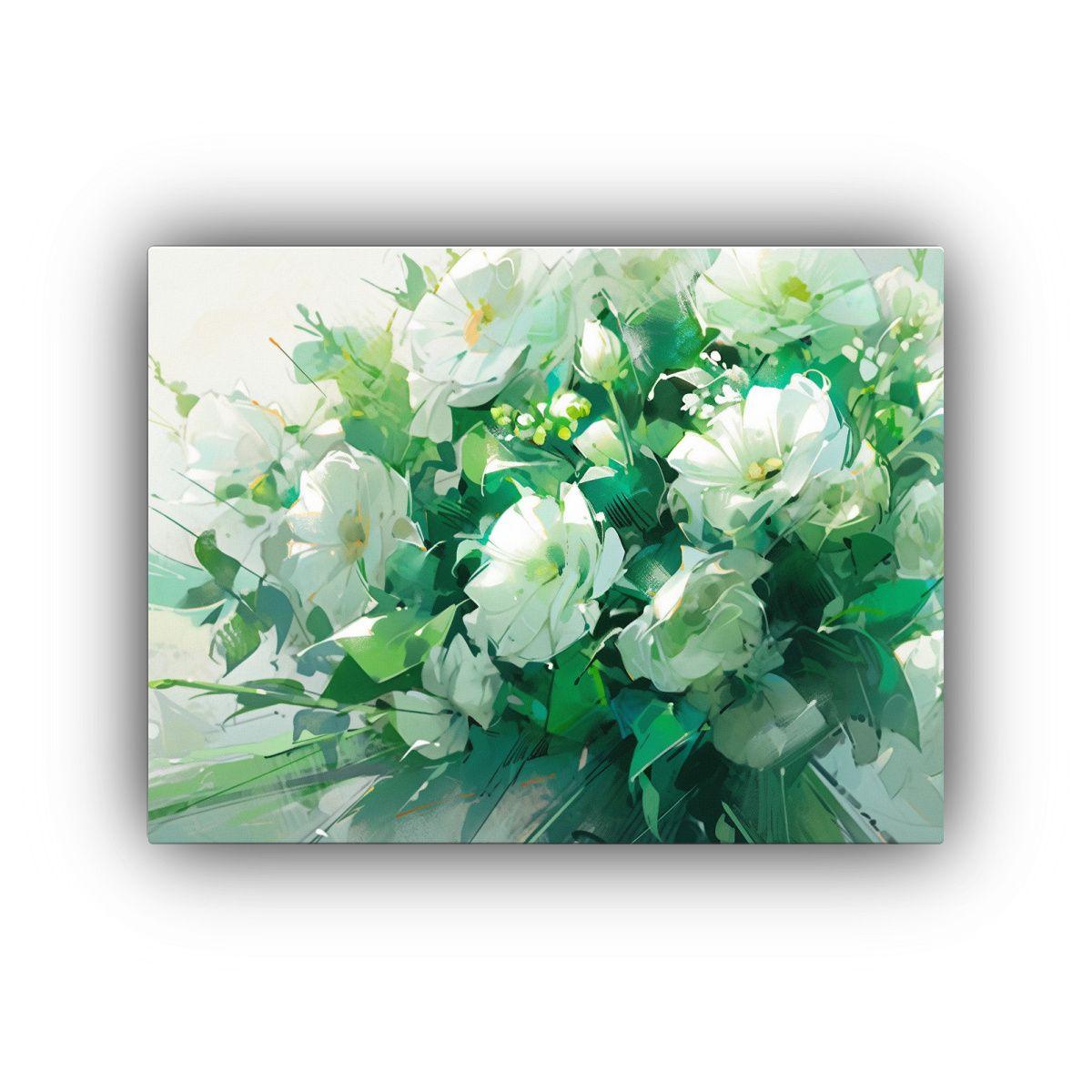 Cuadro En Lienzo Lineal Conceptual Flores Verde Y Plata 30x20cm-0