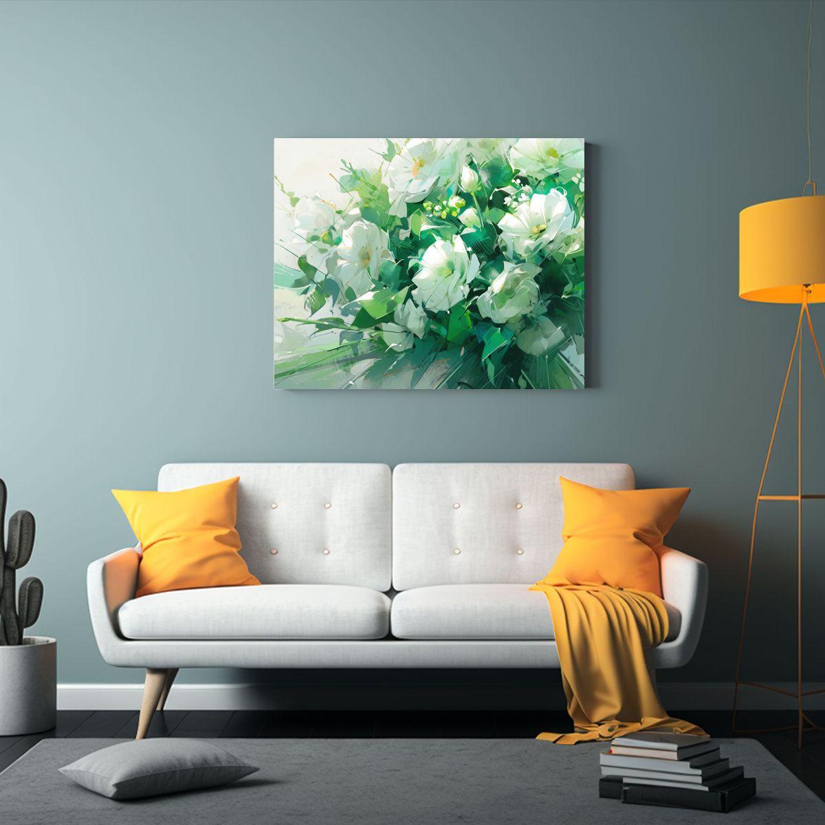 Cuadro En Lienzo Lineal Conceptual Flores Verde Y Plata 30x20cm-2