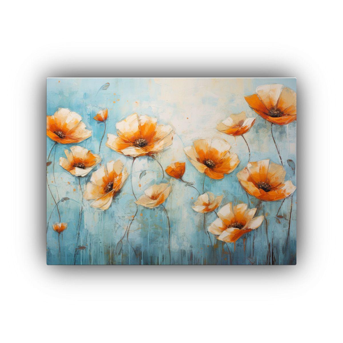 Pintura Floral En Lienzo En Tonos Naranja Y Azul 45x30cm-0