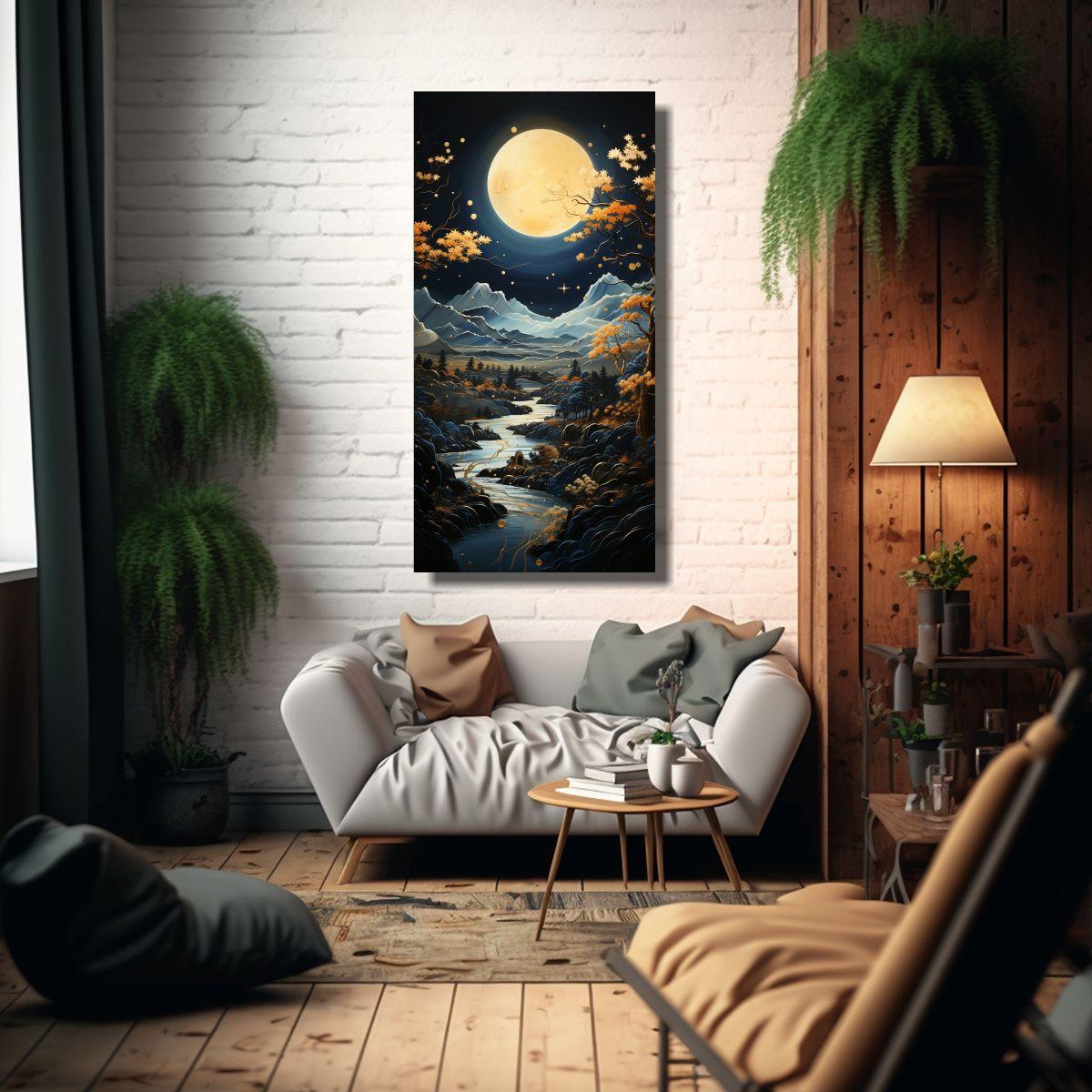 Lienzo De Tela Surrealista Con Luna Y Montañas 20x40cm-2