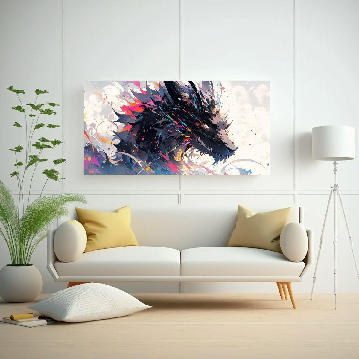 Cuadro Moderno Dragon En Colores Arcoíris Y Negro 40x20cm-2