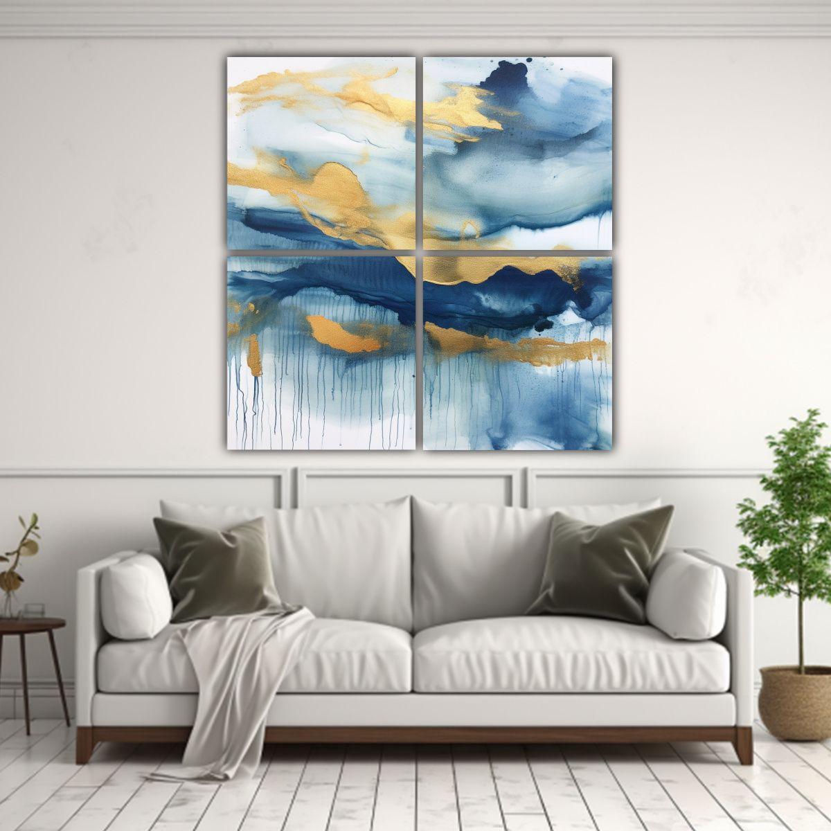 Cuadro Urbano En Azul Y Oro Con Fondo Blanco 60x60 Cm-2