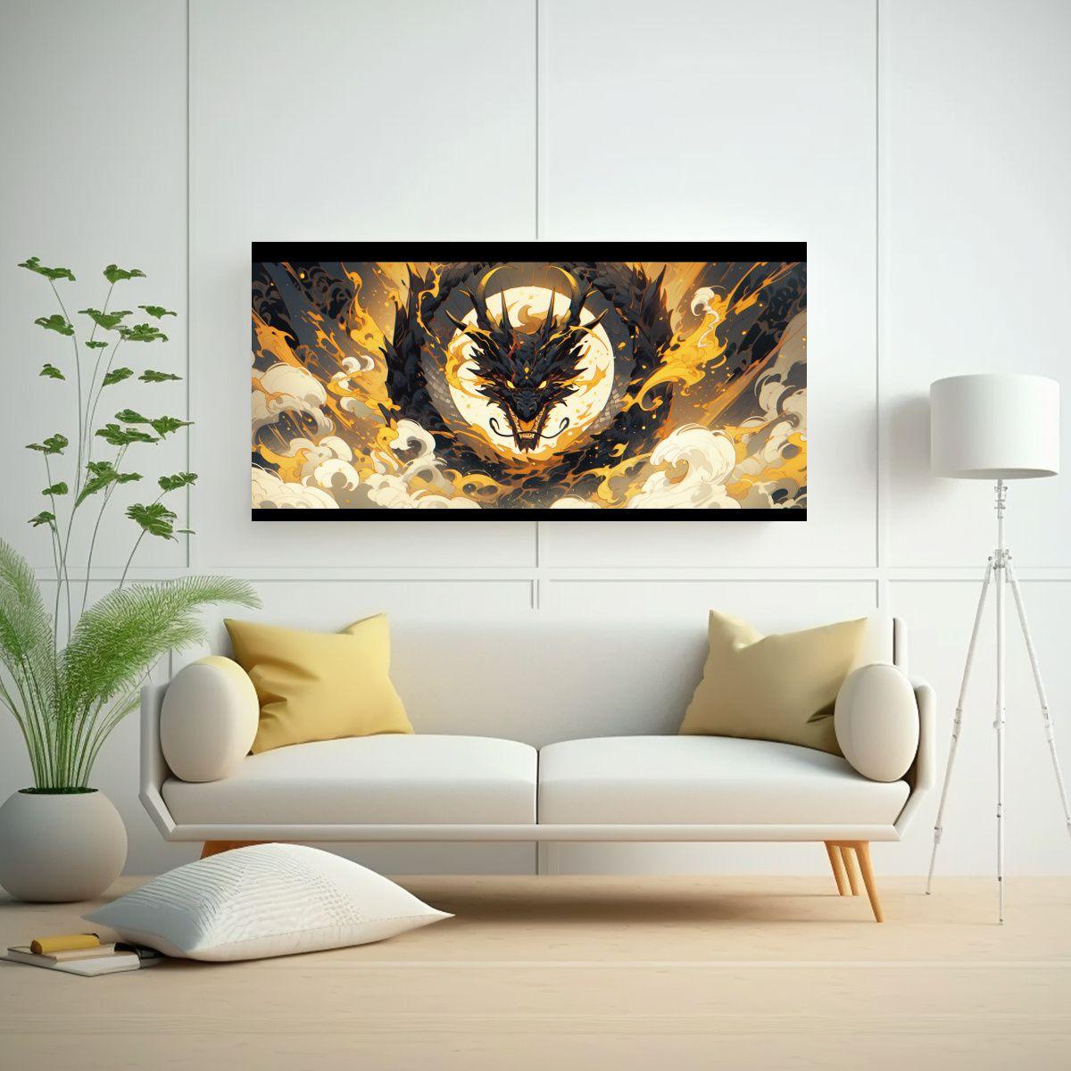 Pintura De Dragón En Tonos Amarillo Y Dorado Con  80x40cm-2