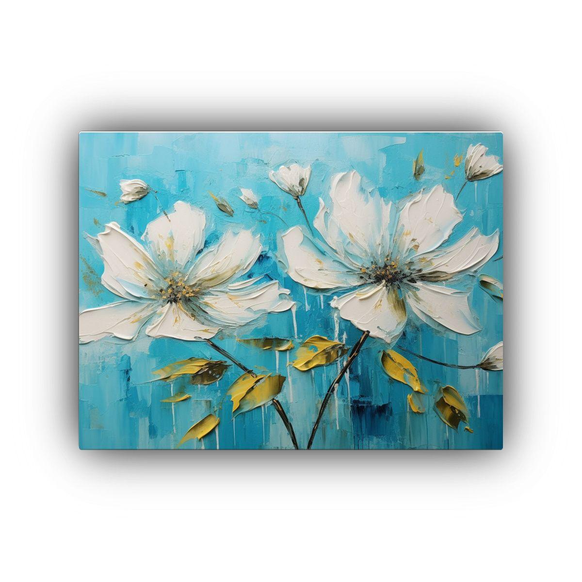 Pintura De Flores Abstractas En Tonos Verde Azulado 90x60cm-0