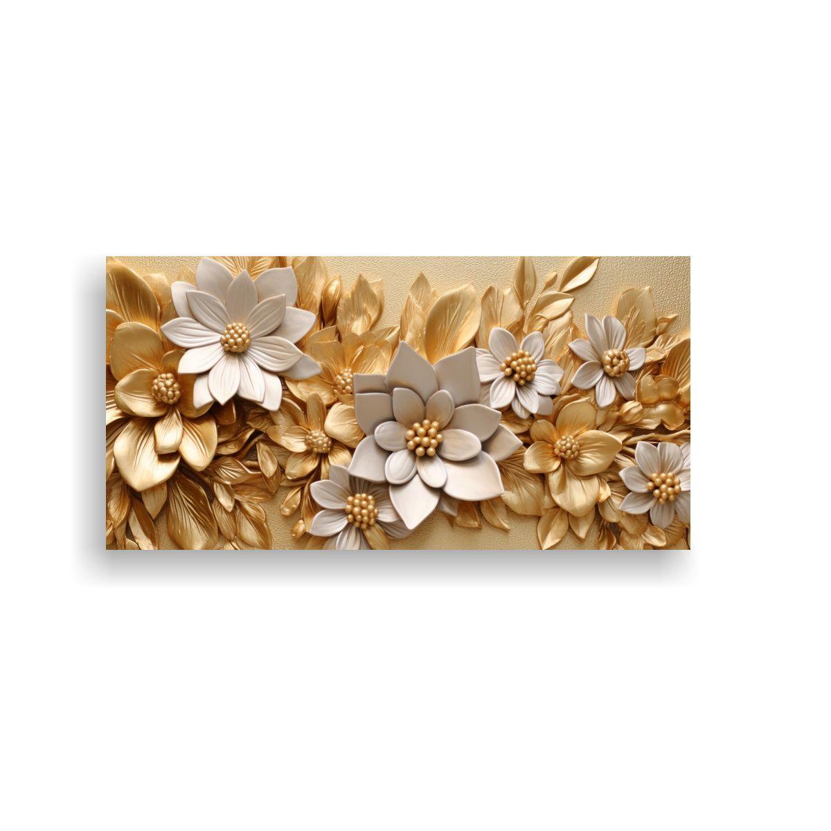 Pintura Floral En Relieve Con Hojas Doradas: 140x70cm-0