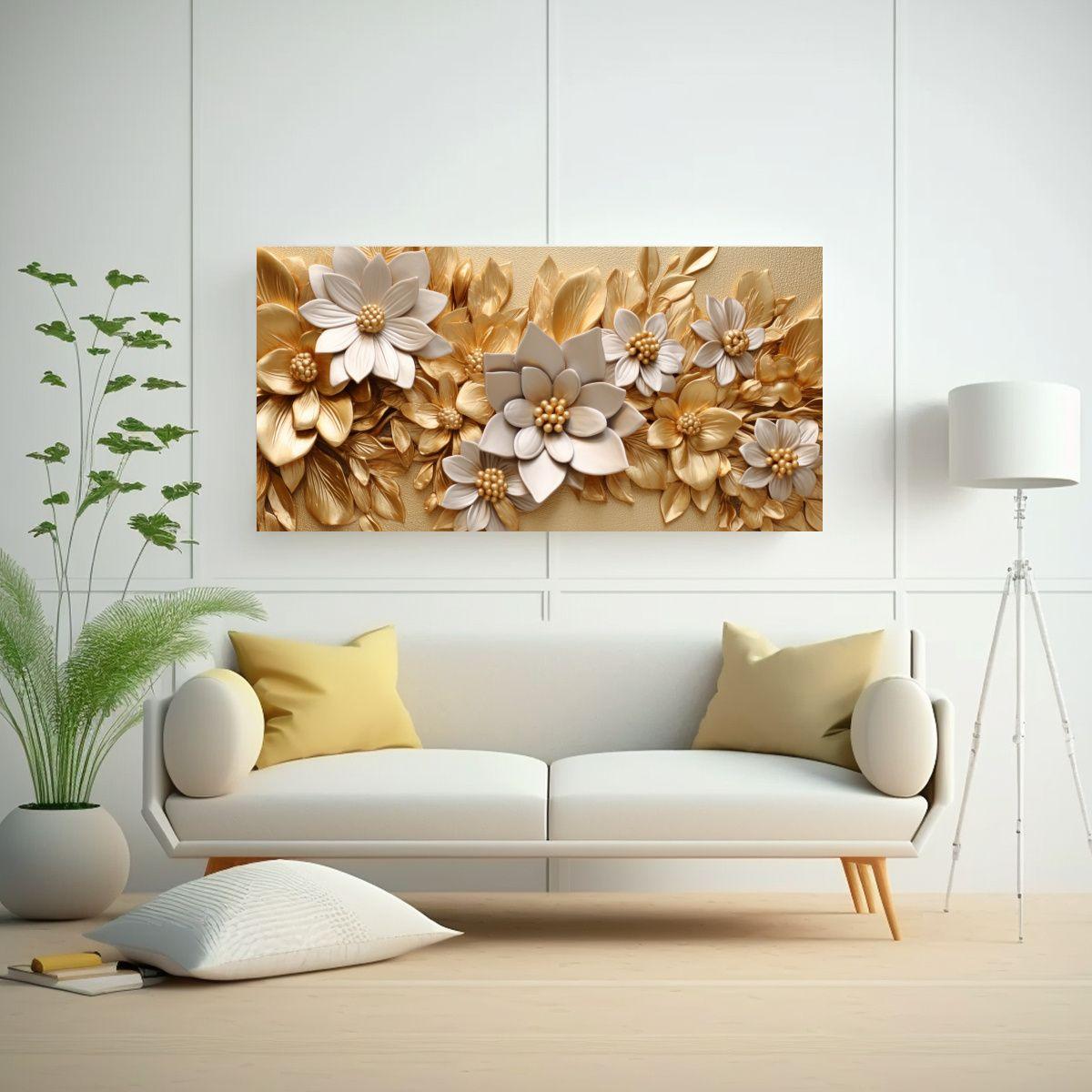 Pintura Floral En Relieve Con Hojas Doradas: 140x70cm-2