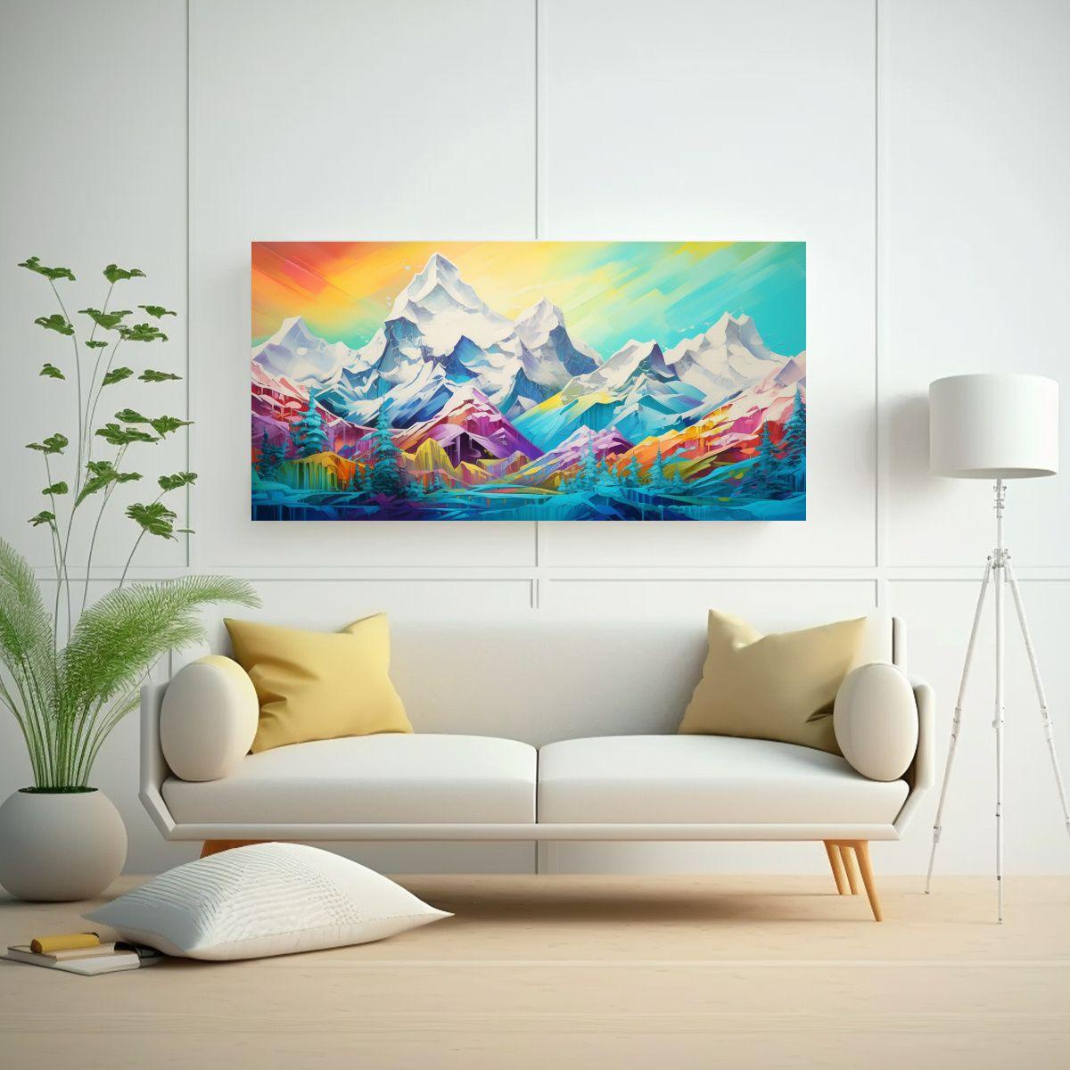 Cuadro De Montañas Nevadas Con Arcoíris Y Colore 160x80cm-2