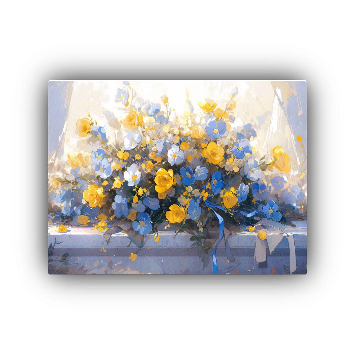 Cuadro Acuarela Clásico Flores Amarillas Y Azules En Lienzo 50x40cm-0