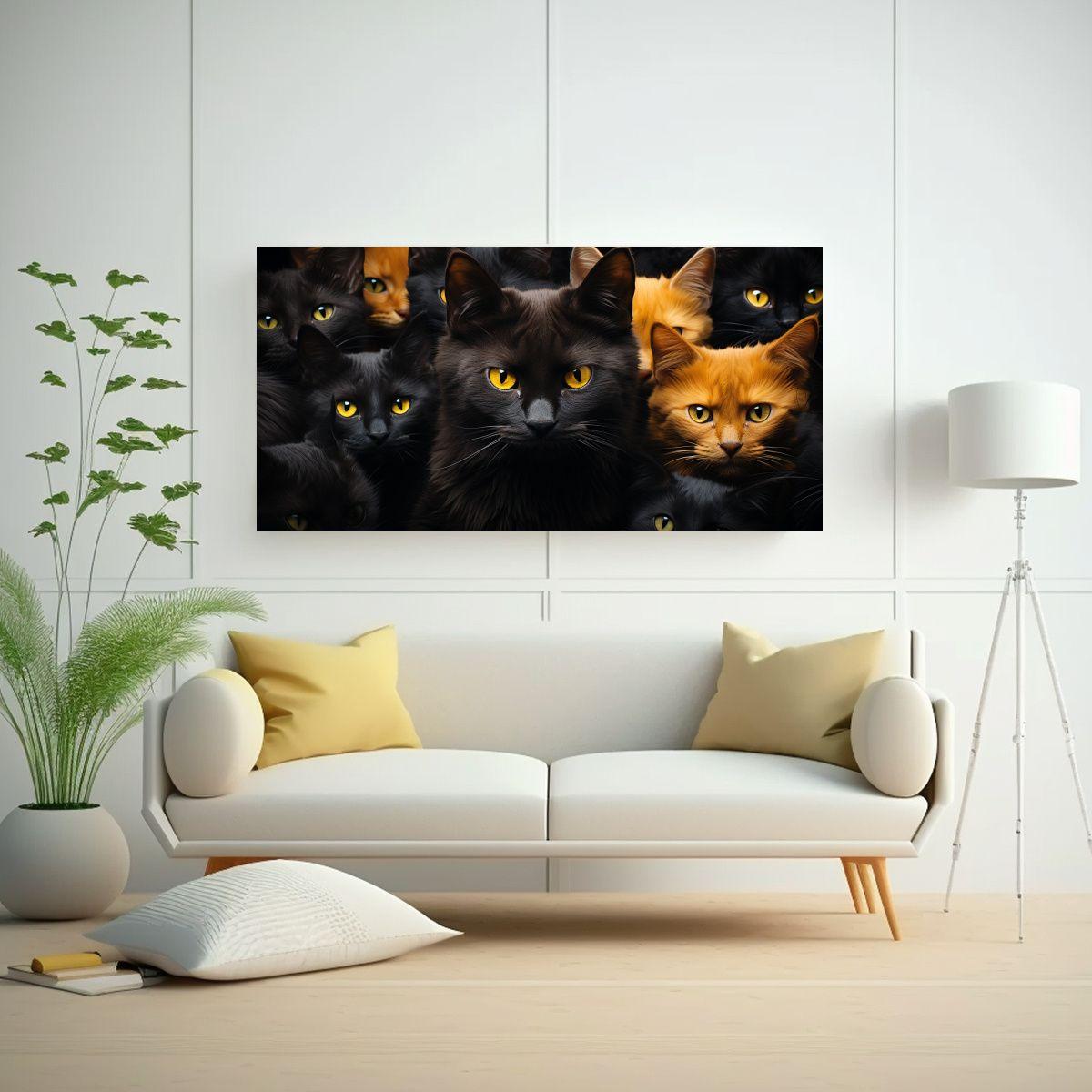 Cuadro Vintage: Arte Gráfico De Gatos Negros Y 60x30cm-2