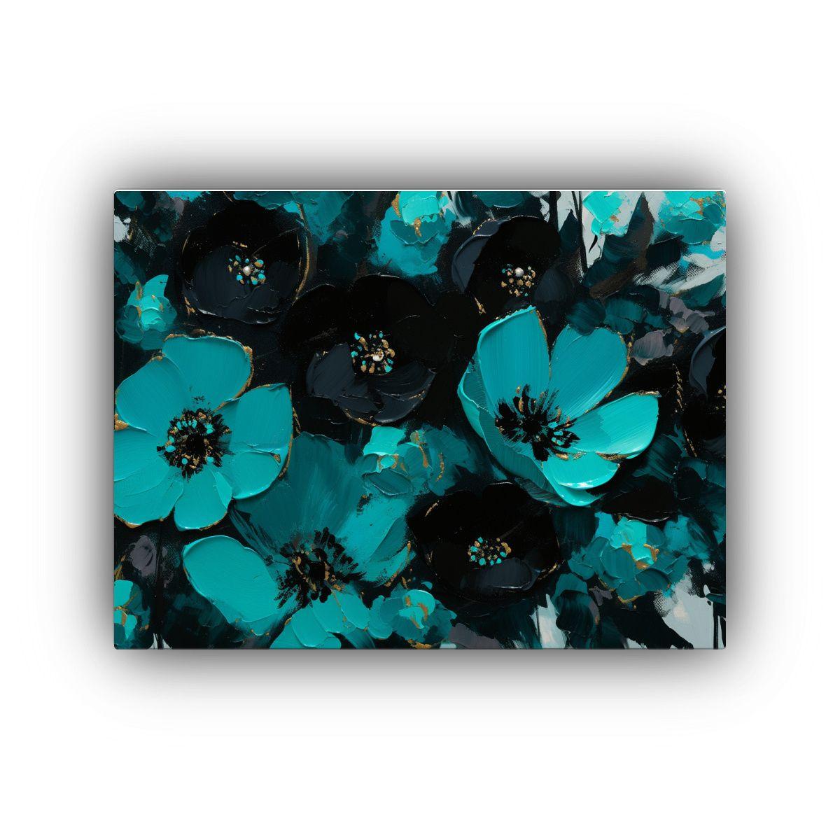 Pintura Minimalista De Flores En Turquesa Y Negro En Lienzo 65x50cm-0