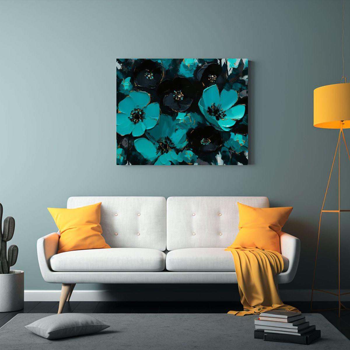 Pintura Minimalista De Flores En Turquesa Y Negro En Lienzo 65x50cm-2
