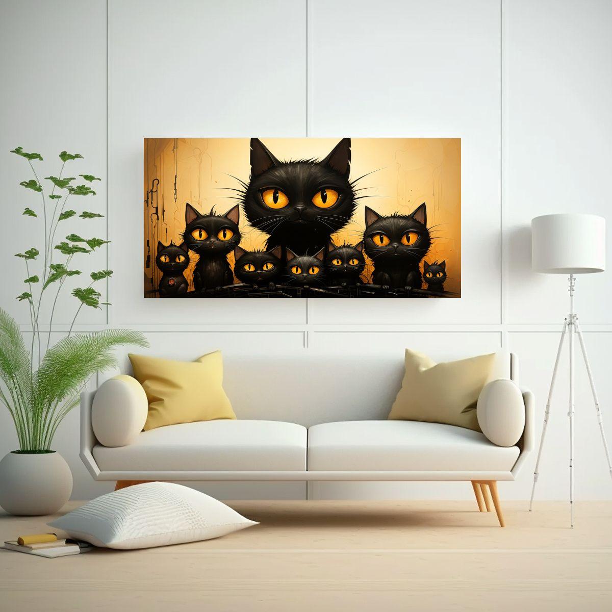 Cuadro De Gatos Negros Sobre Fondo Naranja: 60x30cm-2