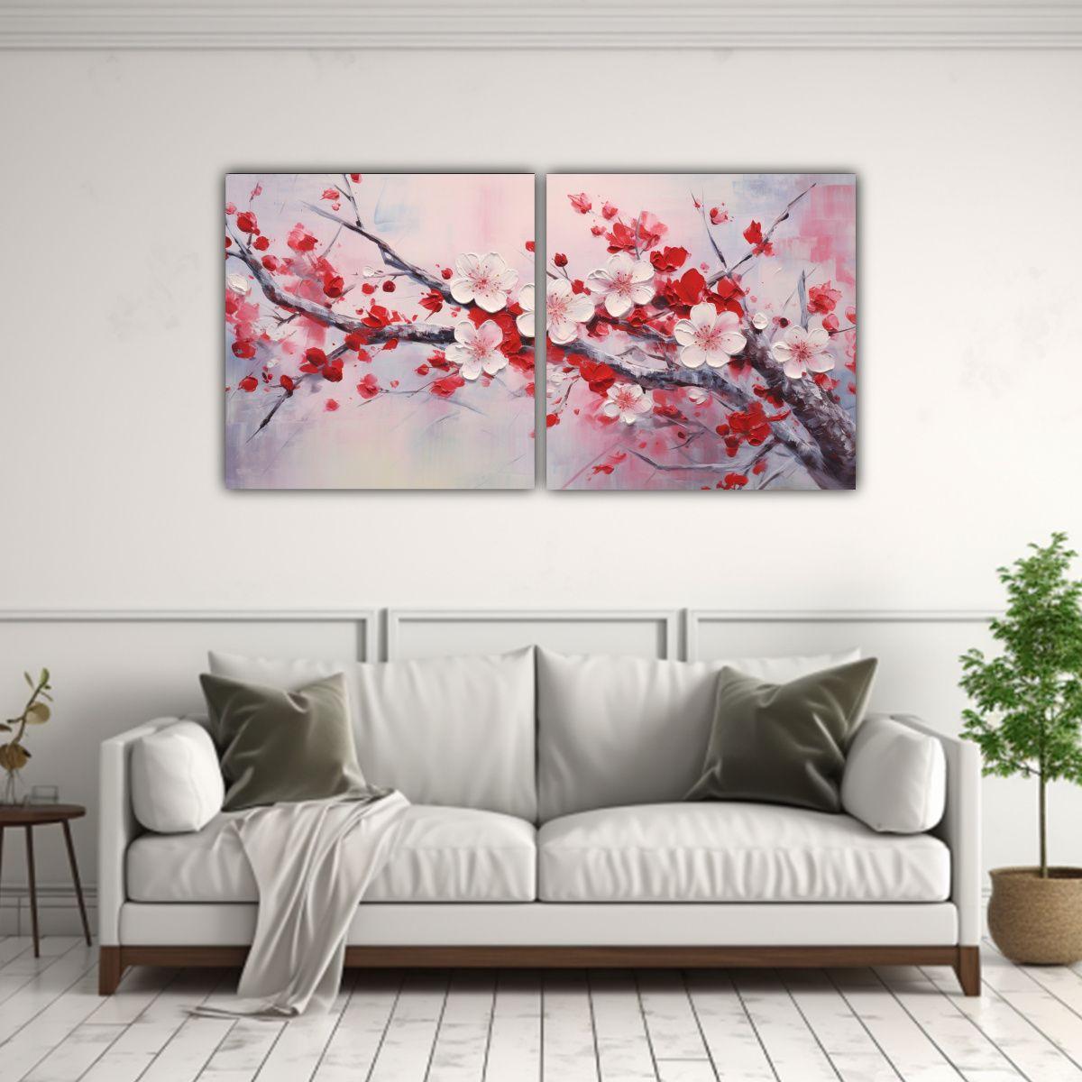 Pintura En Lienzo De Flores De Cerezo Rojas 140x70 Cm-2