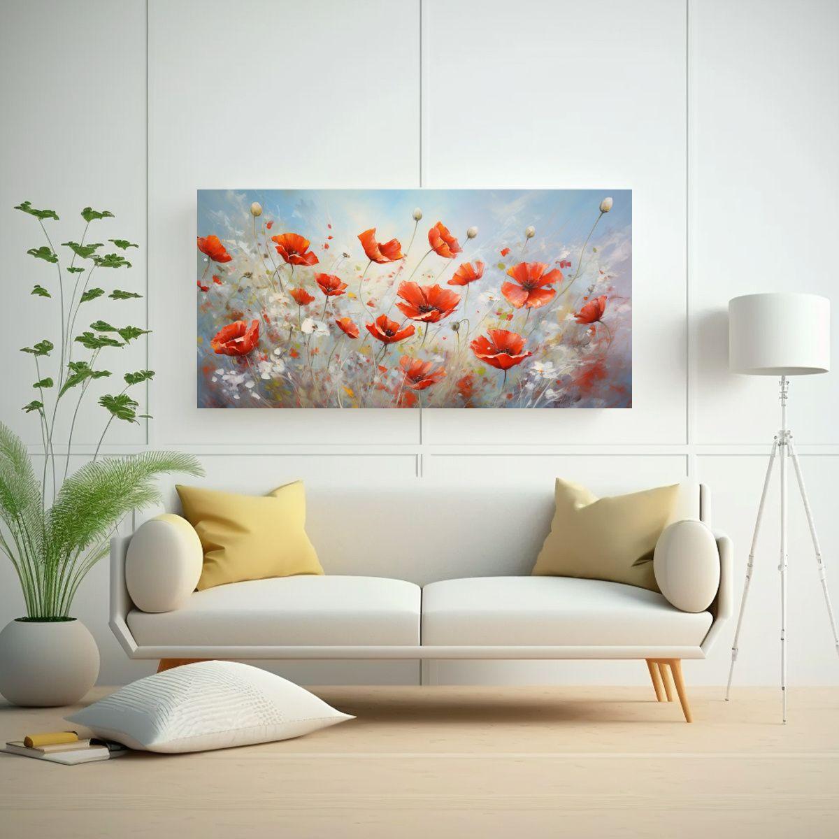 Cuadro Abstracto De Amapolas En Blanco Y Rojo 80x40cm-2