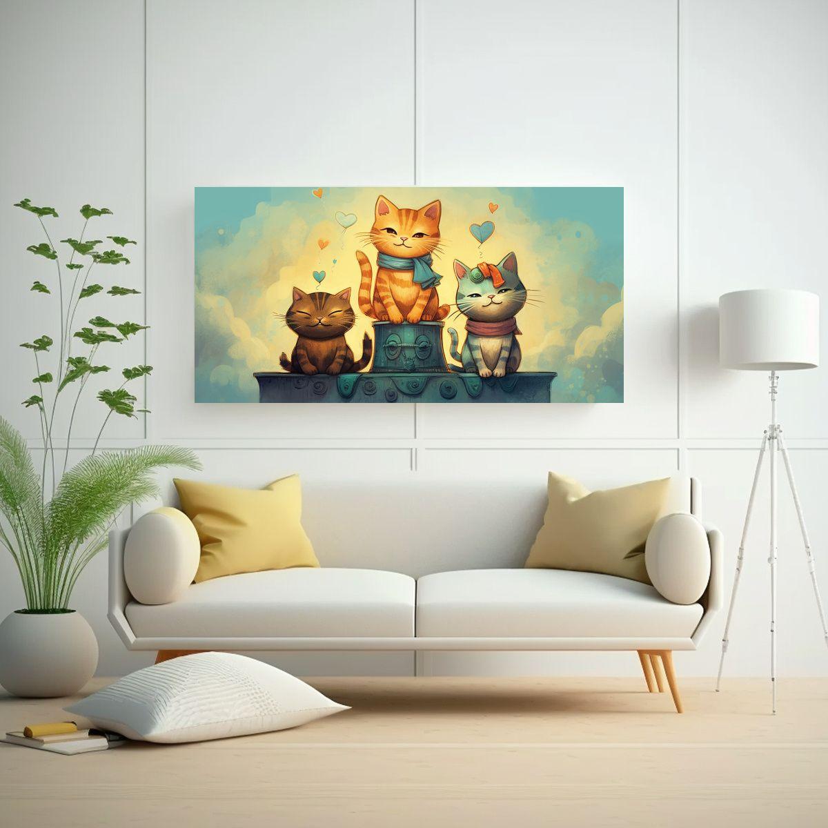 Cuadro De Gatos En Tonos Cálidos Vibrantes 40x20cm-2