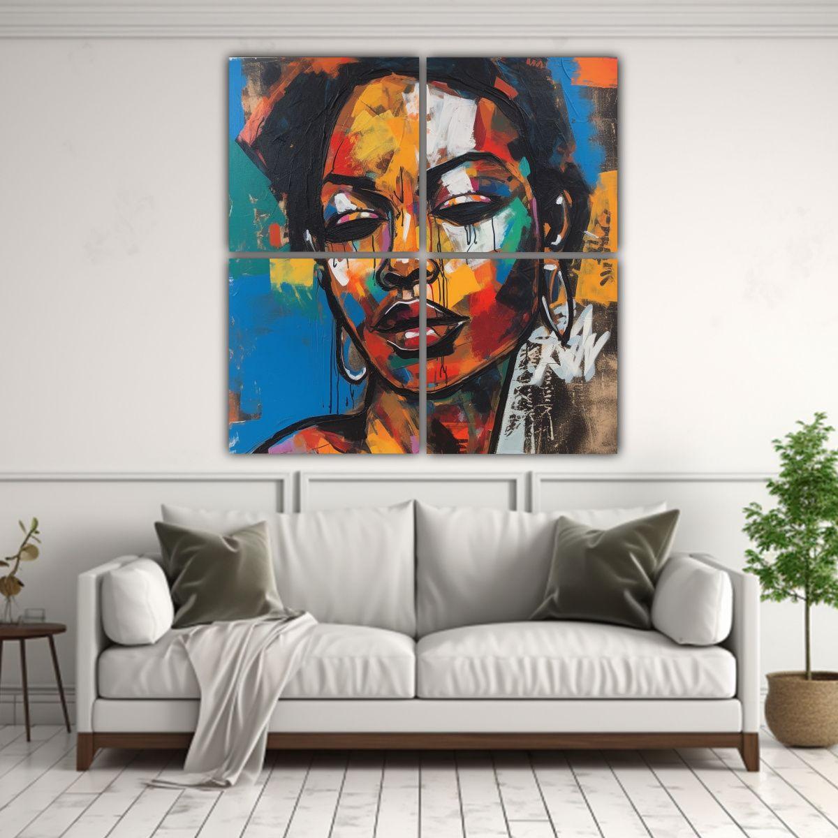 Pintura 4 Lienzos Diseño Urbano De Mujer Negra 140x140 Cm-2
