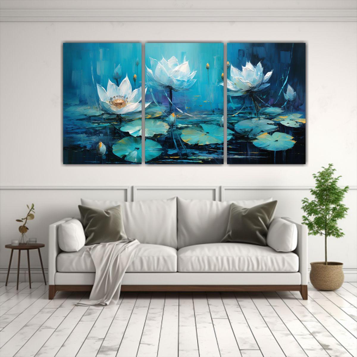 Cuadro Clásico De Loto Turquesa En Bastidor Set 150x75 Cm-2